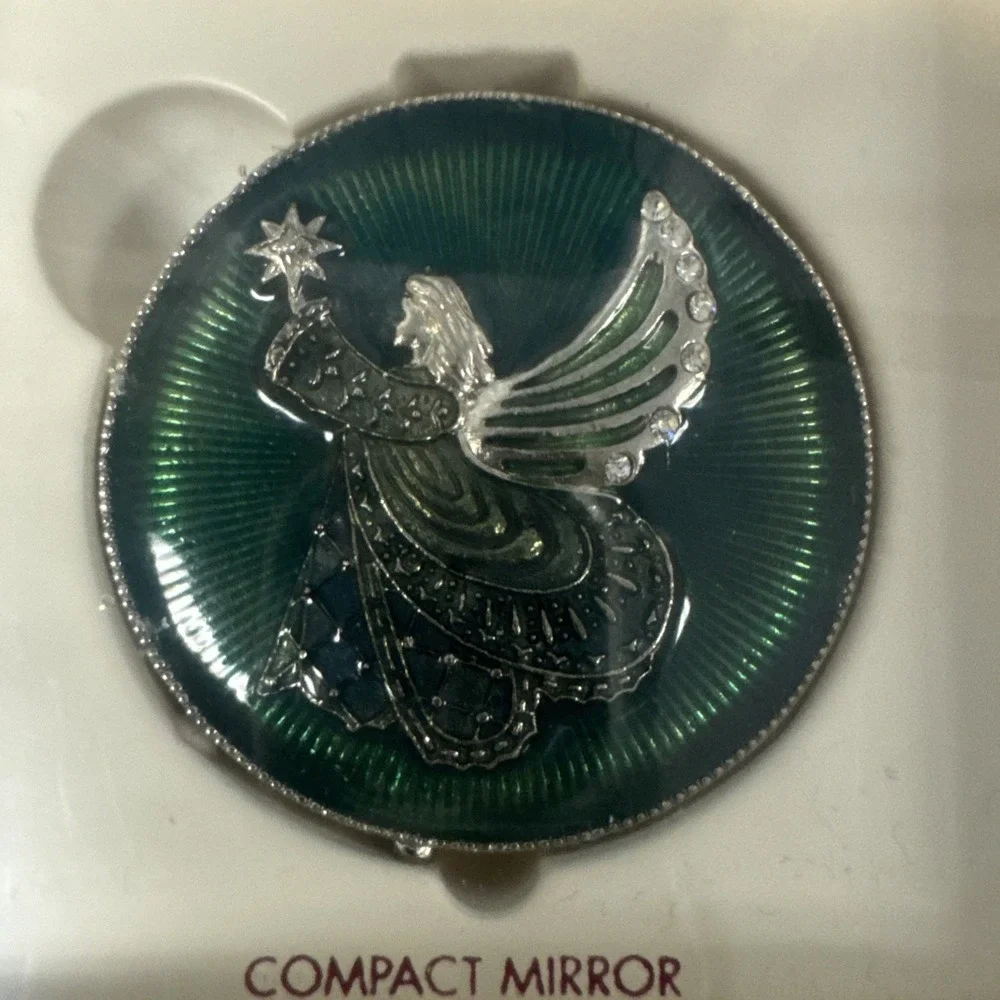 MONET Green‎ Angel Compact Collectible Keepsake Hinged Double Mirror Crystals